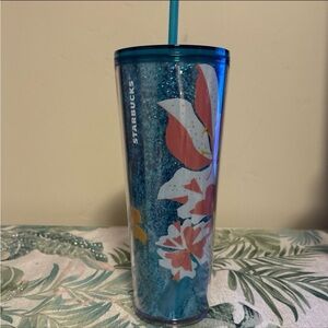 New Starbucks 2021 Spring Easter Bunny Floral Glitter 24Oz Cold Cup Tumbler